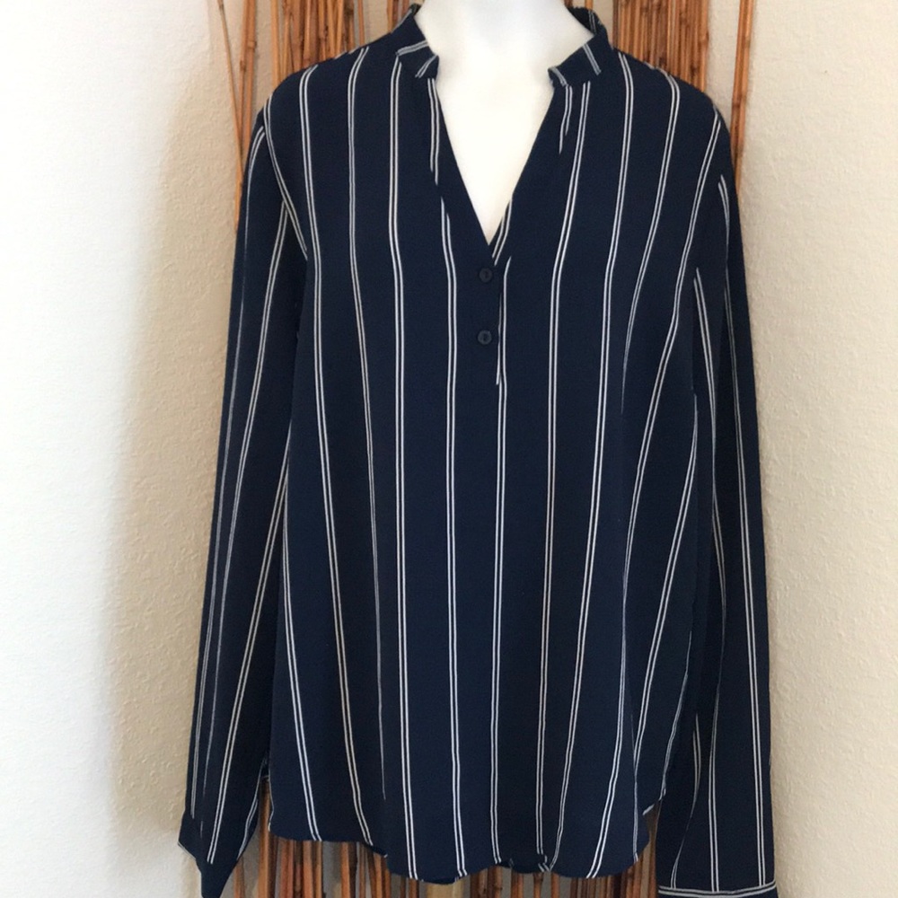 Navy Large V Neck Striped Blouse